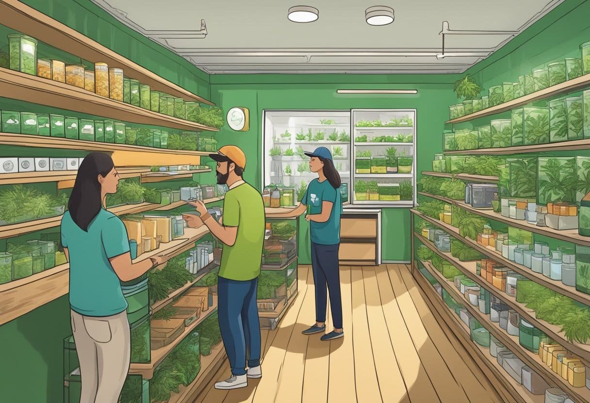 Ein Cannabis-Growshop mit Regalen voller Produkte und einem Kunden, der Fragen an ein kompetentes Mitarbeiter stellt.