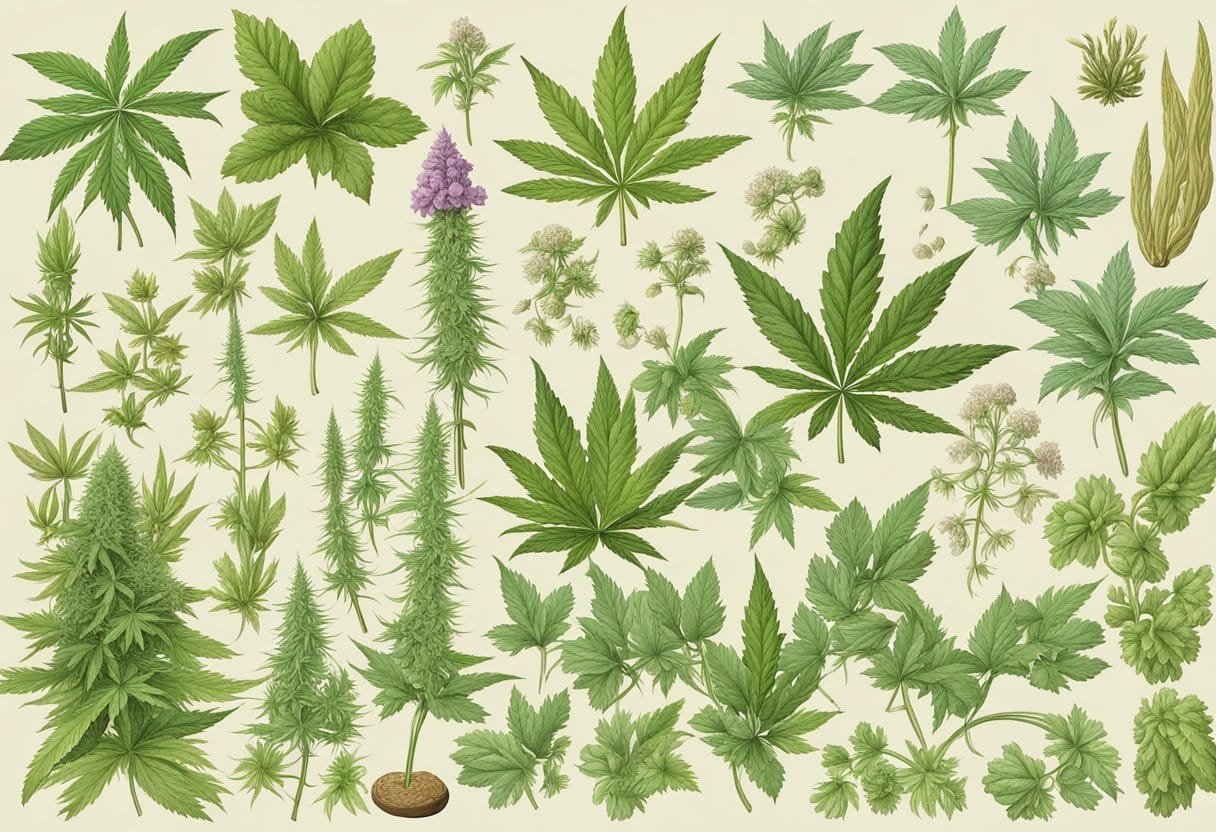 Eine detaillierte Illustration der verschiedenen Teile einer Cannabispflanze, einschließlich der Blätter, Blüten, Stängel und Wurzeln, mit genauen botanischen Details und Texturen.